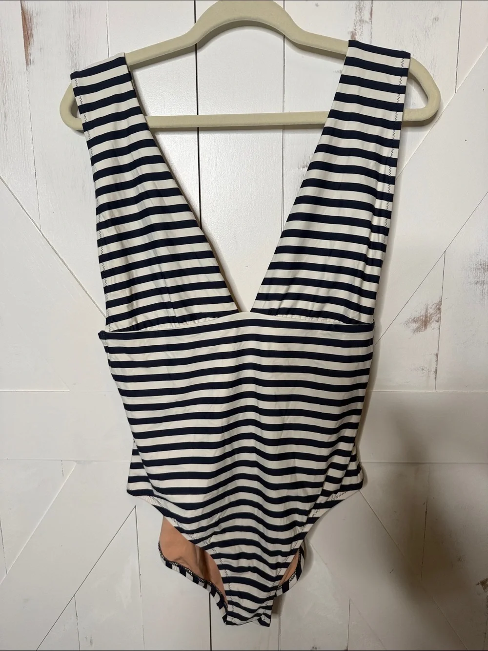J. Crew Navy White Striped One Piece Swimsuit Deep V